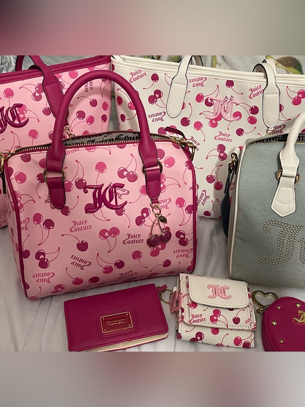 Juicy Couture Pink Cherry Print Satchel with Magenta Trim
